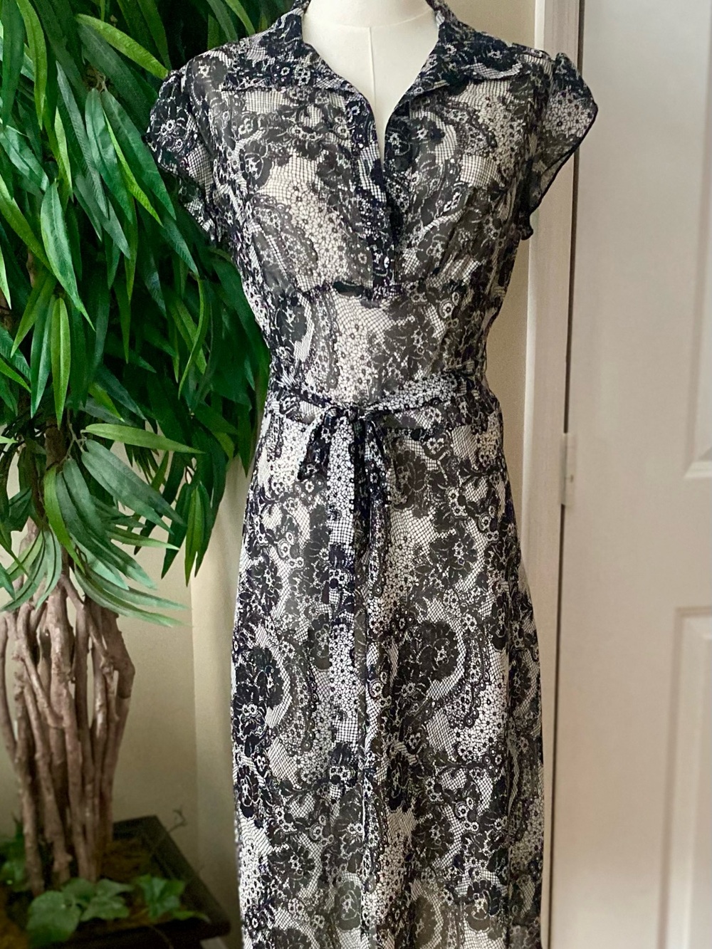 Sheer Black and White Paisley Tie-Waist Dress